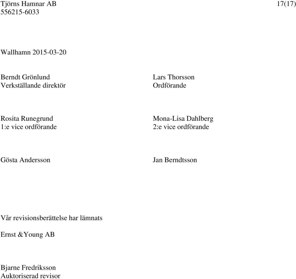 ordförande 2:e vice ordförande Gösta Andersson Jan Berndtsson Vår