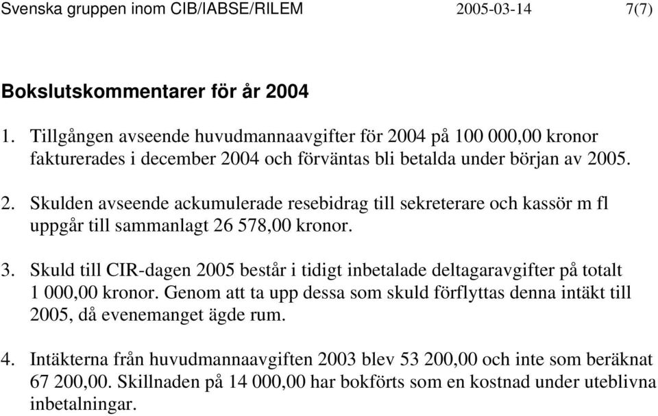 3. Skuld till CIR-dagen 2005 består i tidigt inbetalade deltagaravgifter på totalt 1 000,00 kronor.