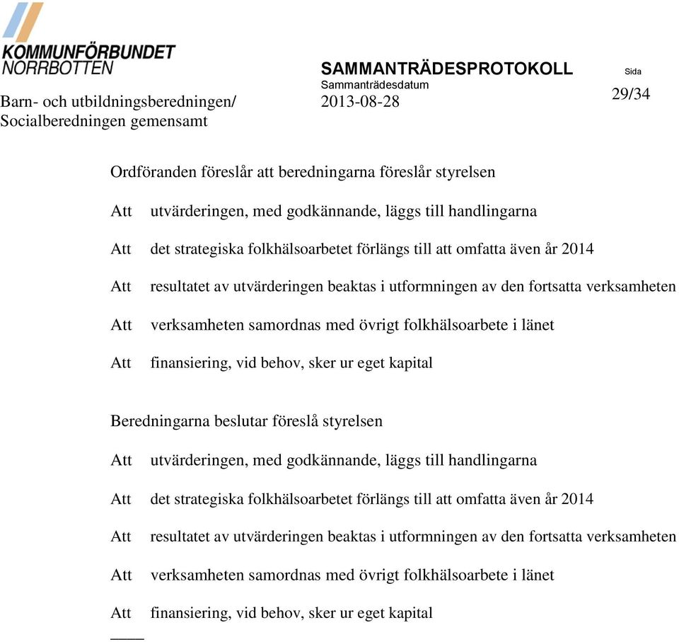 den fortsatta verksamheten verksamheten samordnas med övrigt folkhälsoarbete i länet finansiering, vid behov, sker ur eget kapital Beredningarna beslutar föreslå styrelsen Att utvärderingen, med