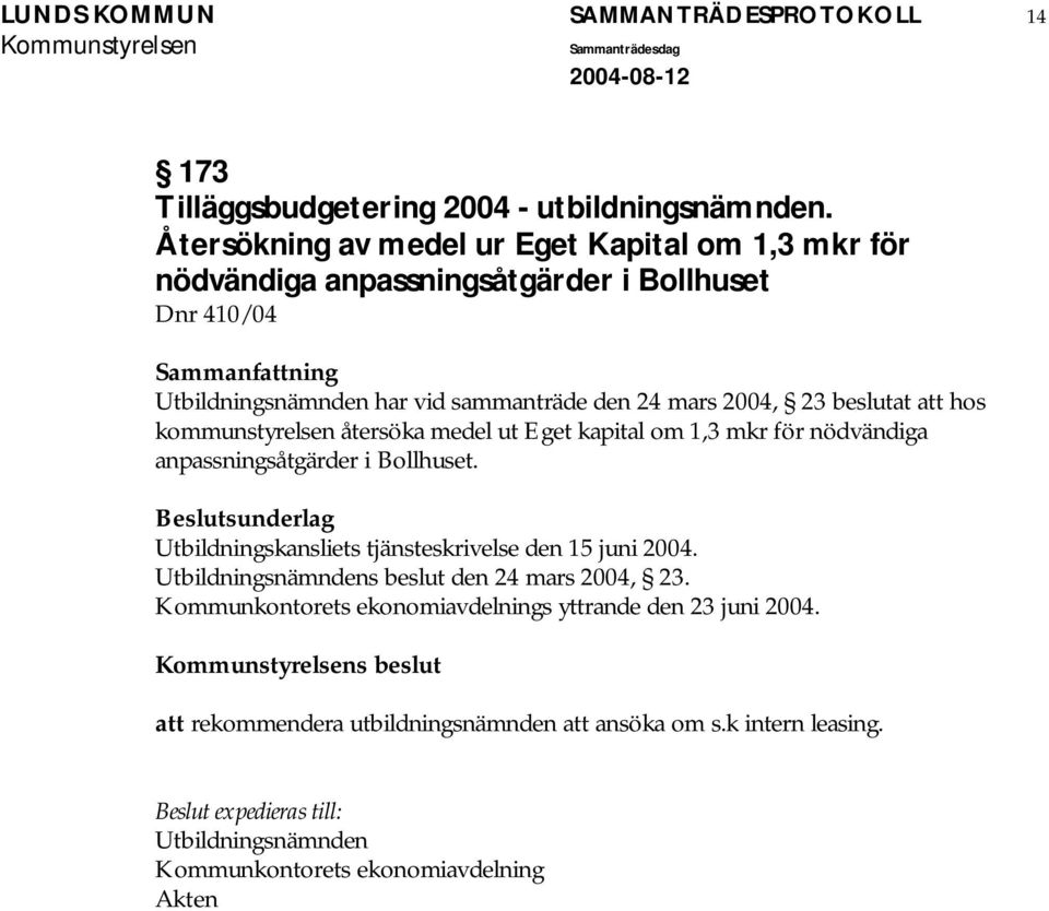 2004, 23 beslutat att hos kommunstyrelsen återsöka medel ut Eget kapital om 1,3 mkr för nödvändiga anpassningsåtgärder i Bollhuset.