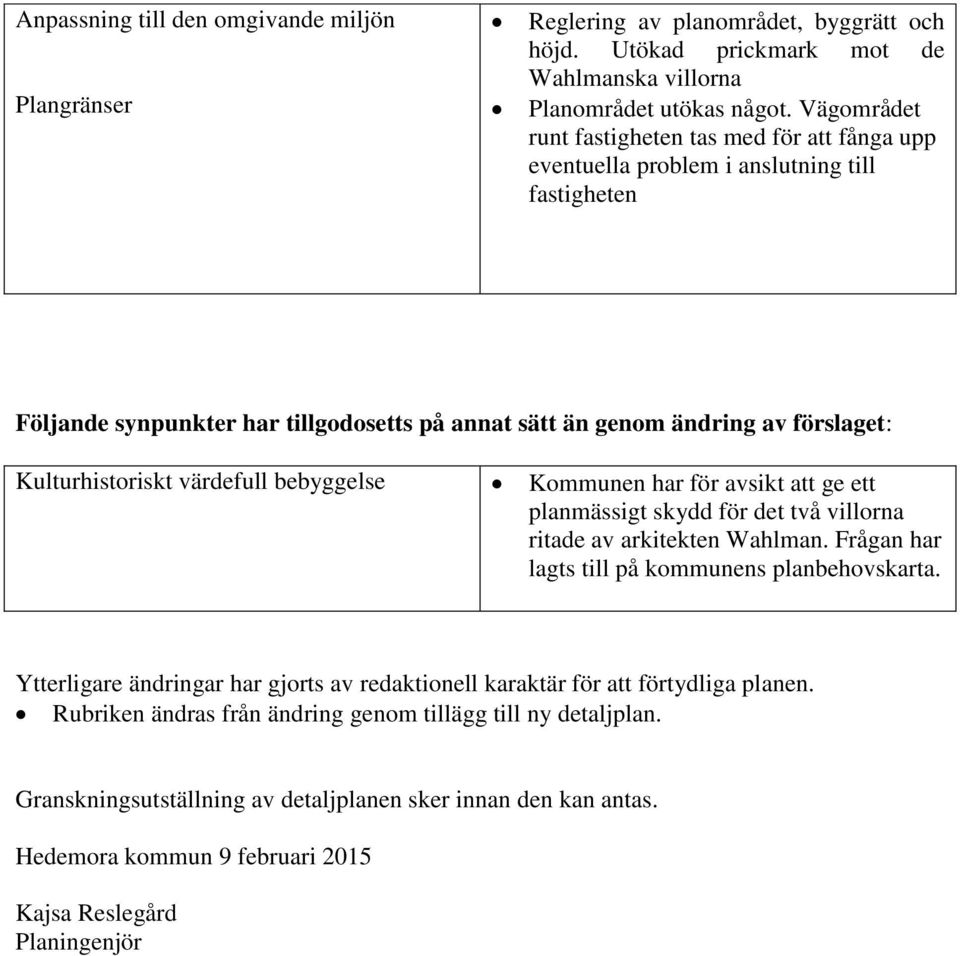 Kulturhistoriskt värdefull bebyggelse Kommunen har för avsikt att ge ett planmässigt skydd för det två villorna ritade av arkitekten Wahlman. Frågan har lagts till på kommunens planbehovskarta.