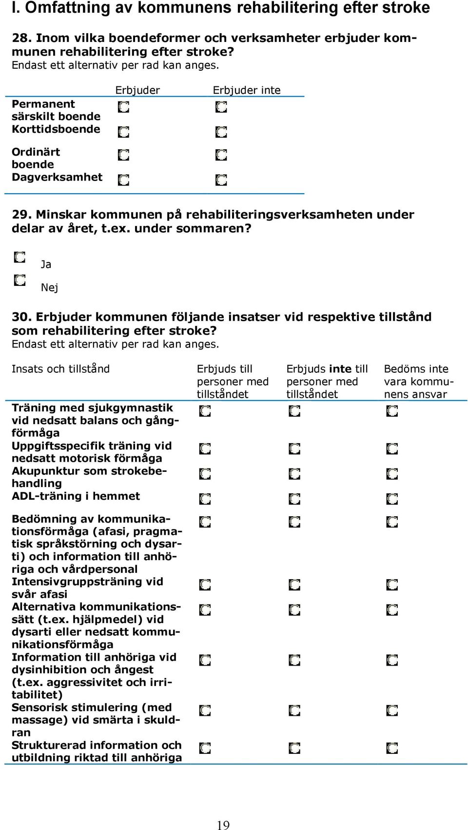 Erbjuder kommunen följande insatser vid respektive tillstånd som rehabilitering efter stroke? Endast ett alternativ per rad kan anges.