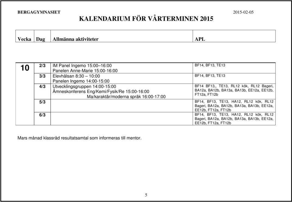 FT12a, FT12b Ma/karaktär/moderna språk 16:00-17:00 5/3 BF14, BF13, TE13, HA12, RL12 kök, RL12 Bageri, BA12a, BA12b, BA13a, BA13b, EE12a, EE12b, FT12a, FT12b 6/3