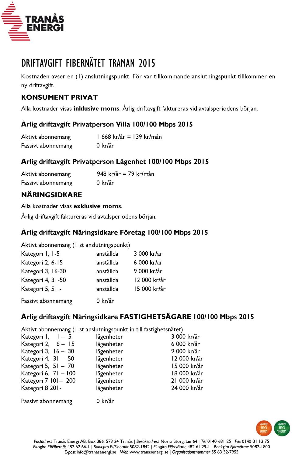 Årlig driftavgift Privatperson Villa 100/100 Mbps 2015 Aktivt abonnemang Passivt abonnemang 1 668 kr/år = 139 kr/mån 0 kr/år Årlig driftavgift Privatperson Lägenhet 100/100 Mbps 2015 Aktivt