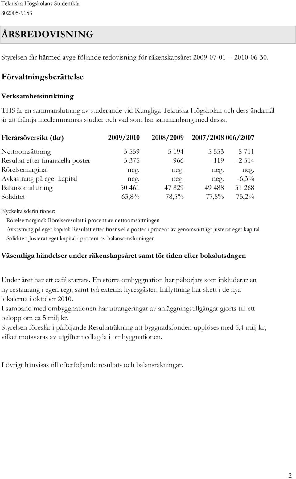 dessa. Flerårsöversikt (tkr) 2009/2010 2008/2009 2007/20082006/2007 Nettoomsättning 5 559 5 194 5 553 5 711 Resultat efter finansiella poster -5 375-966 -119-2 514 Rörelsemarginal neg.