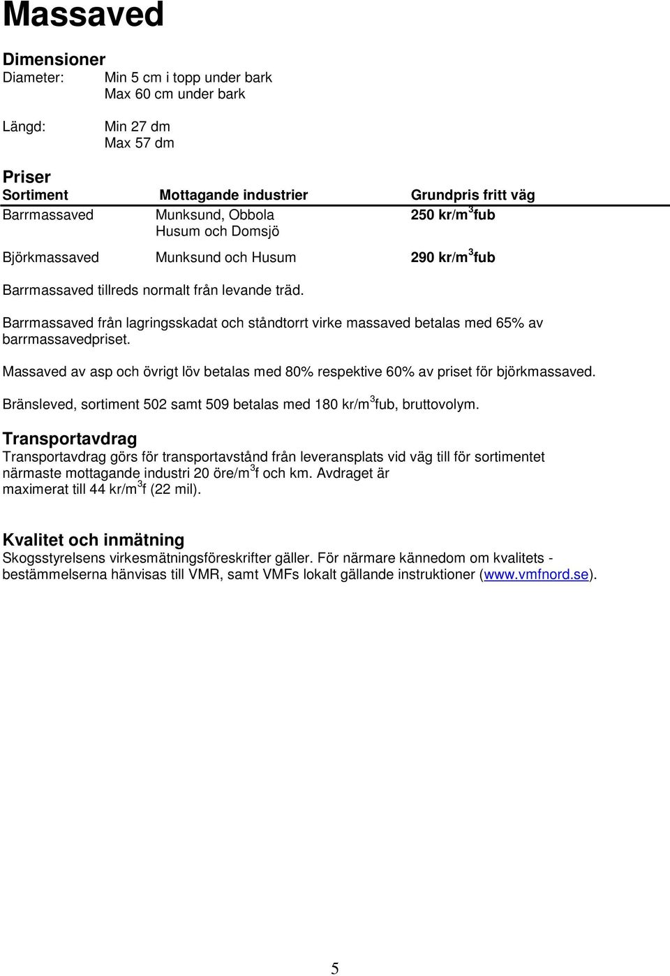 Barrmassaved från lagringsskadat och ståndtorrt virke massaved betalas med 65% av barrmassavedpriset. Massaved av asp och övrigt löv betalas med 80% respektive 60% av priset för björkmassaved.