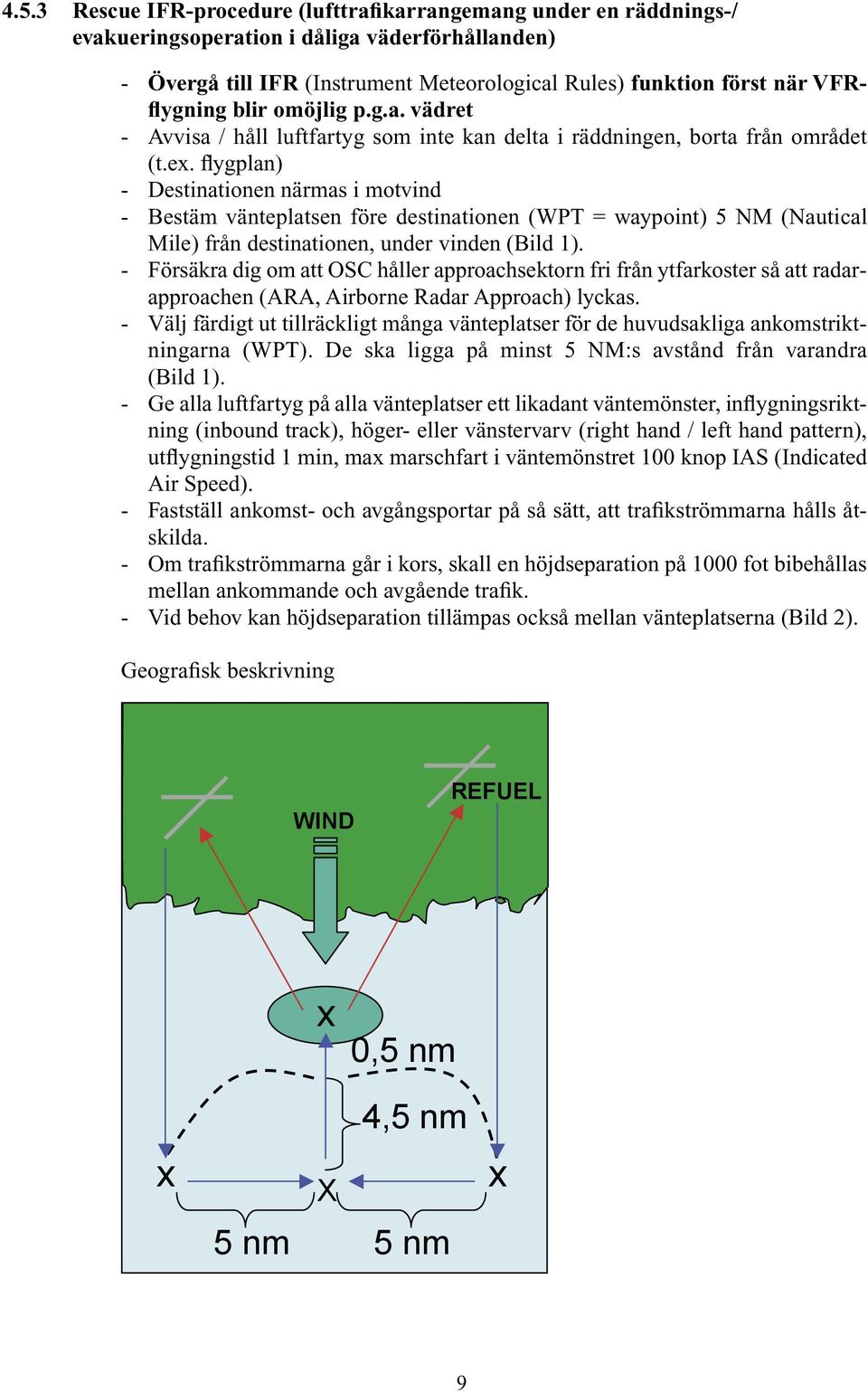 flygplan) - Destinationen närmas i motvind - Bestäm vänteplatsen före destinationen (WPT = waypoint) 5 NM (Nautical Mile) från destinationen, under vinden (Bild 1).