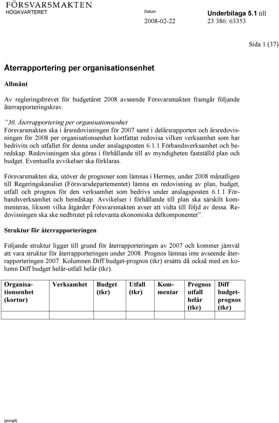 verksamhet som har bedrivits och utfallet för denna under anslagsposten 6.1.1 Förbandsverksamhet och beredskap. Redovisningen ska göras i förhållande till av myndigheten fastställd plan och budget.