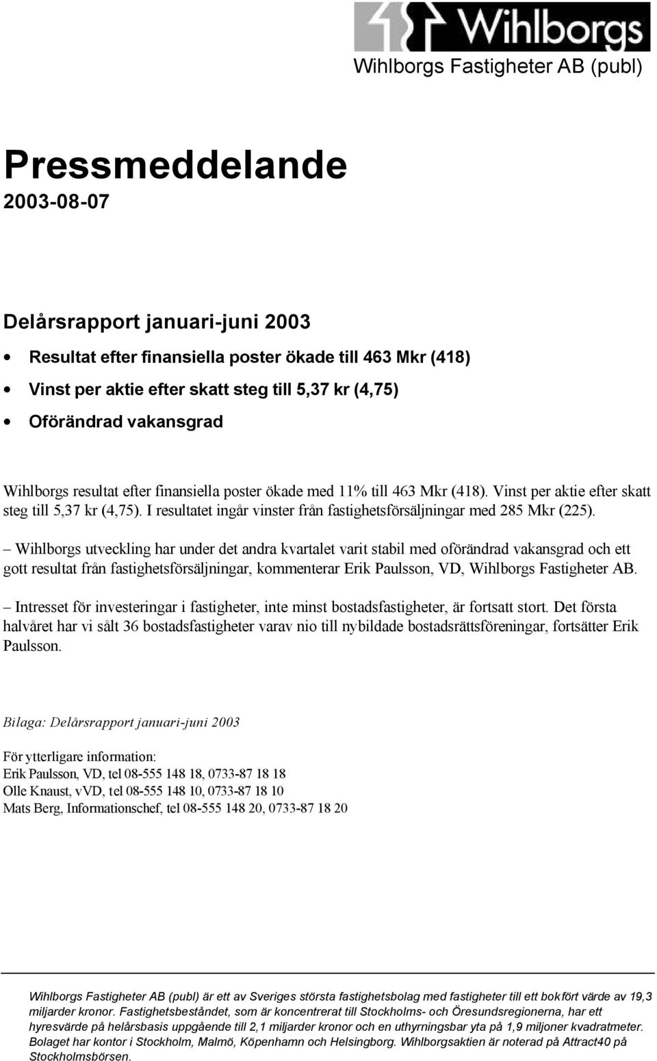 I resultatet ingår vinster från fastighetsförsäljningar med 285 Mkr (225).