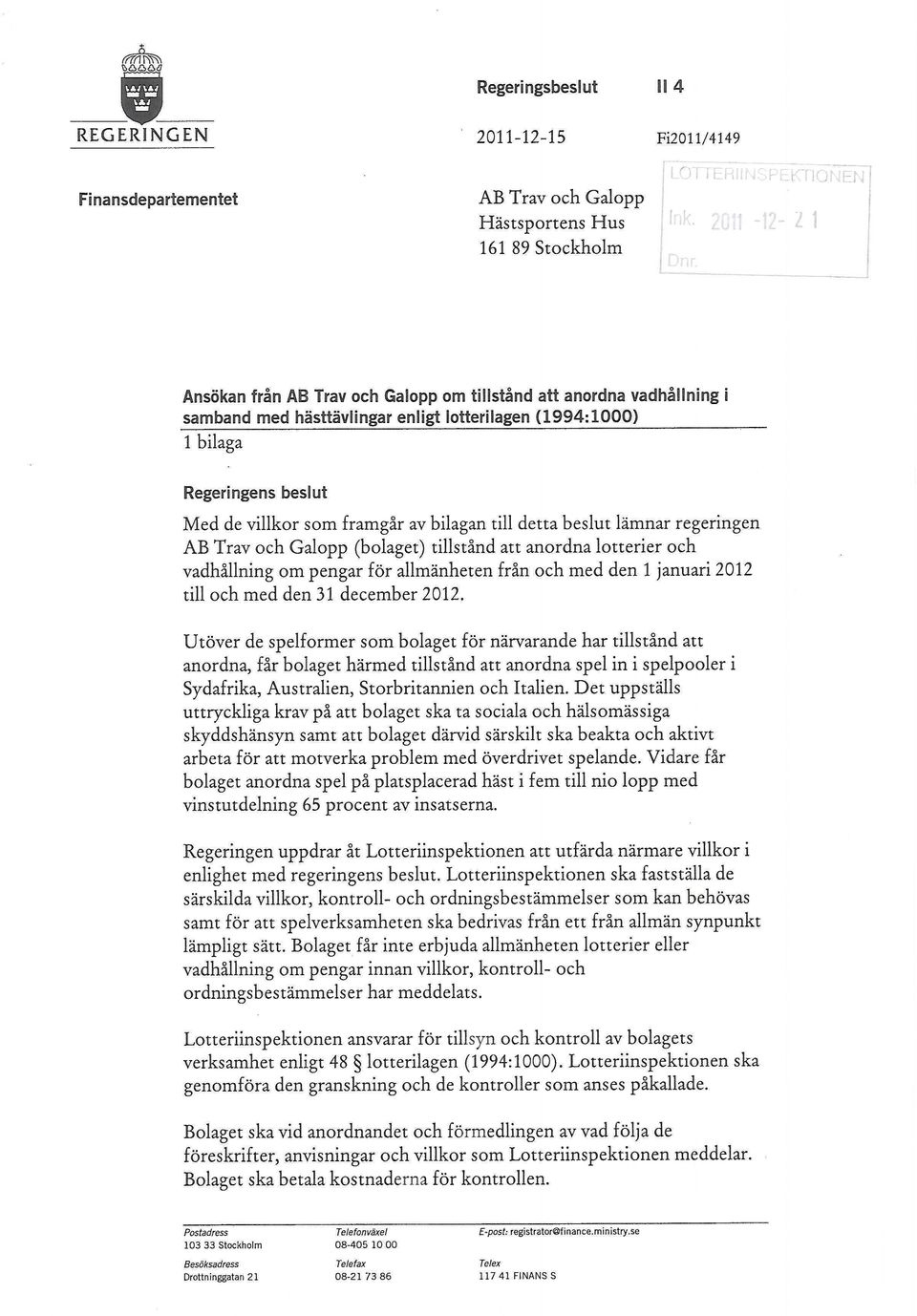 att anordna lotterier och vadhållning om pengar för allmänheten från och med den 1 januari 2012 till och med den 31 december 2012.