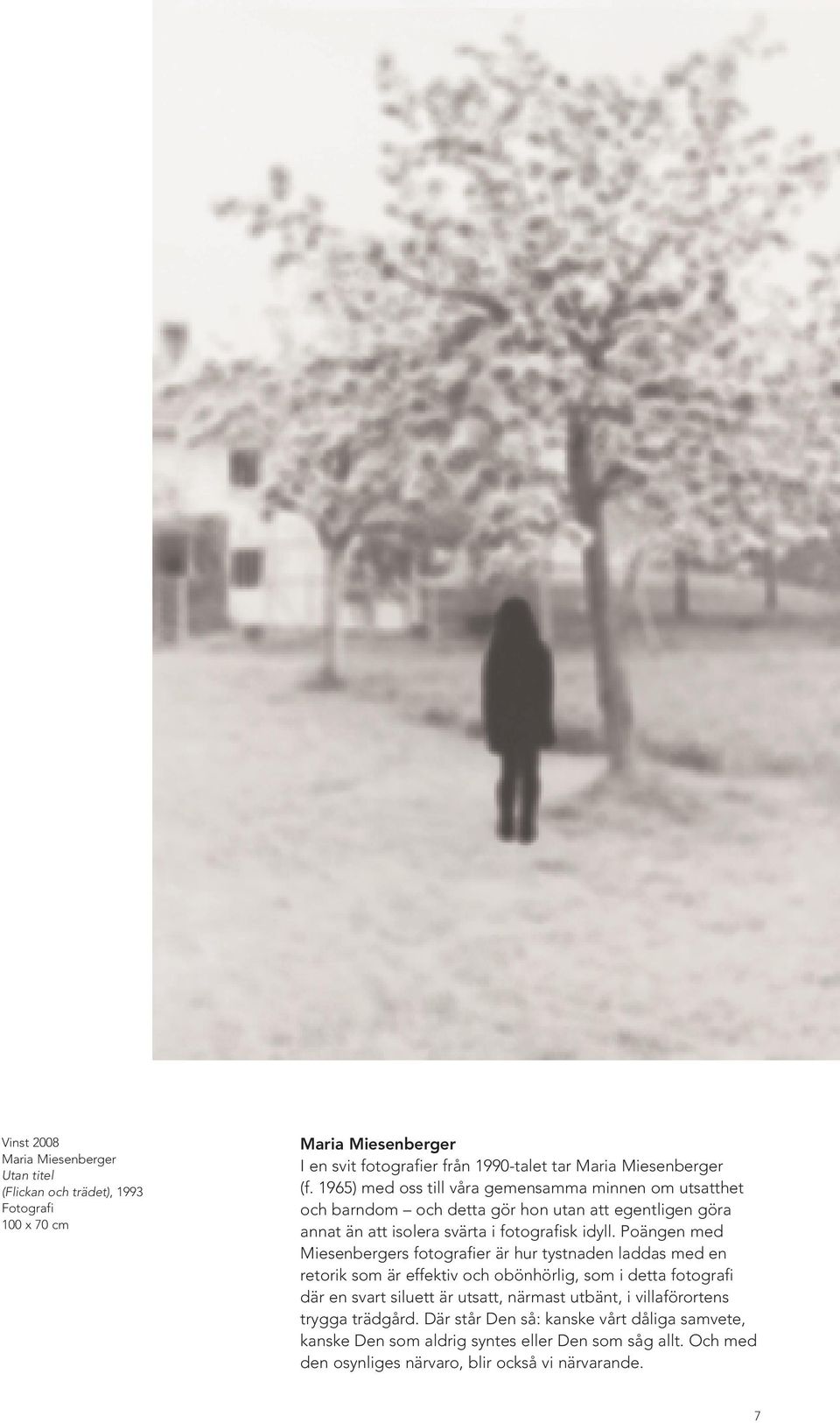 Poängen med Miesenbergers fotografier är hur tystnaden laddas med en retorik som är effektiv och obönhörlig, som i detta fotografi där en svart siluett är utsatt, närmast