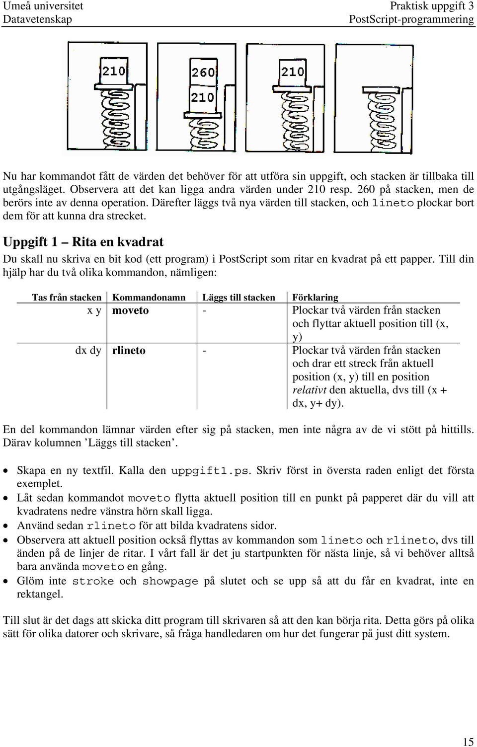 Därefter läggs två nya värden till stacken, och lineto plockar bort dem för att kunna dra strecket.