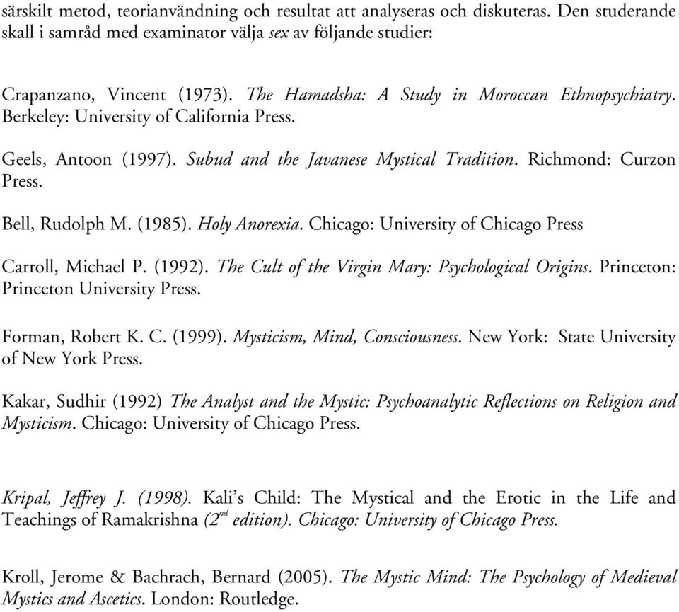 (1985). Holy Anorexia. Chicago: University of Chicago Press Carroll, Michael P. (1992). The Cult of the Virgin Mary: Psychological Origins. Princeton: Princeton University Press. Forman, Robert K. C. (1999).