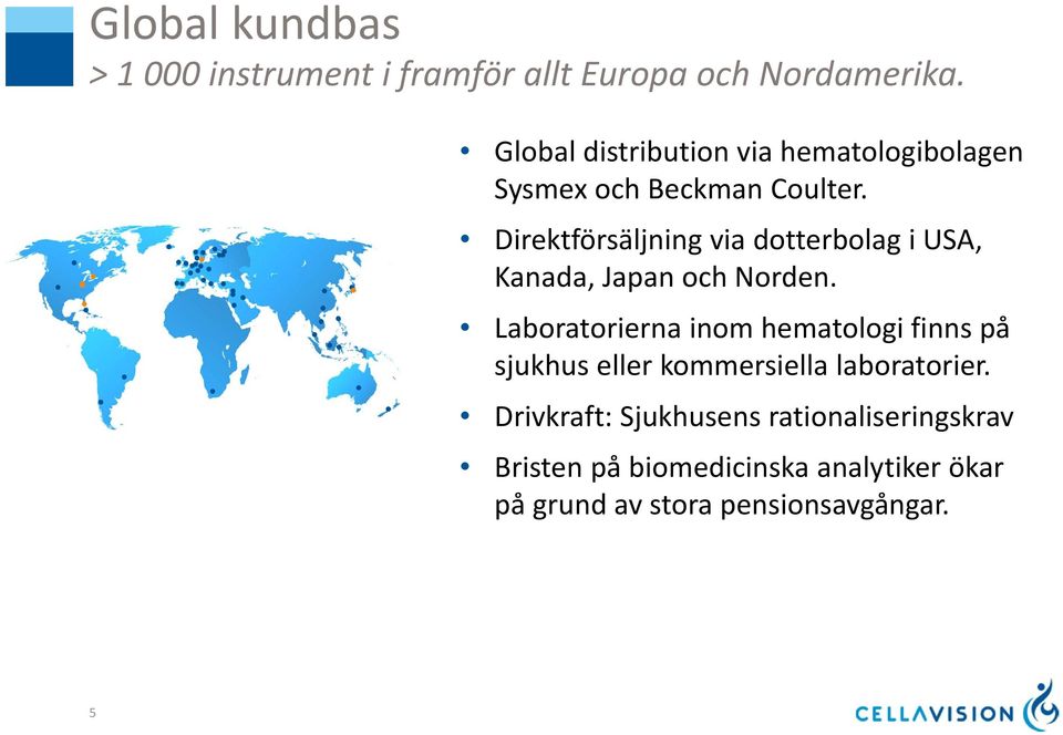 Direktförsäljning via dotterbolag i USA, Kanada, Japan och Norden.