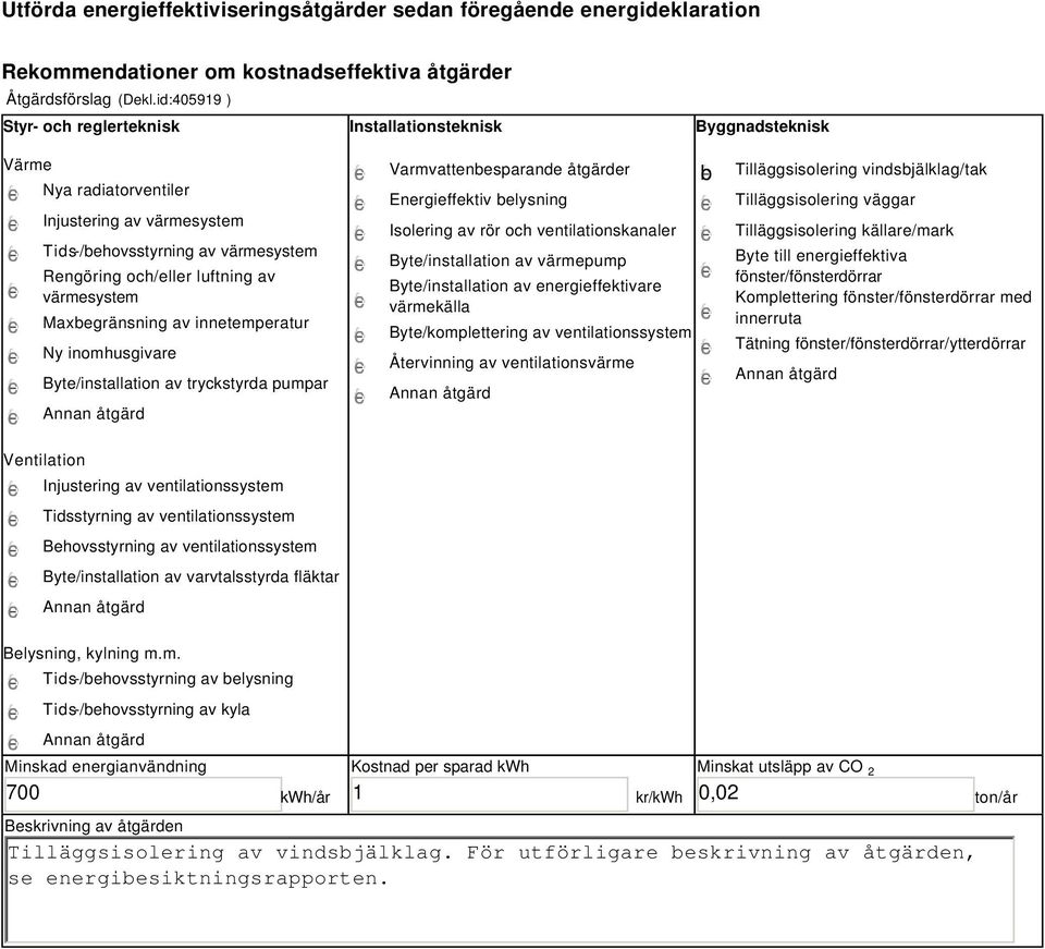 värmesystem Maxbegränsning av innetemperatur Ny inomhusgivare Byte/installation av tryckstyrda pumpar Varmvattenbesparande åtgärder Energieffektiv belysning Isolering av rör och ventilationskanaler