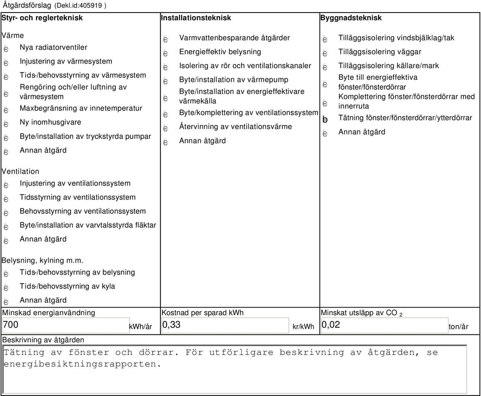värmesystem Maxbegränsning av innetemperatur Ny inomhusgivare Byte/installation av tryckstyrda pumpar Varmvattenbesparande åtgärder Energieffektiv belysning Isolering av rör och ventilationskanaler