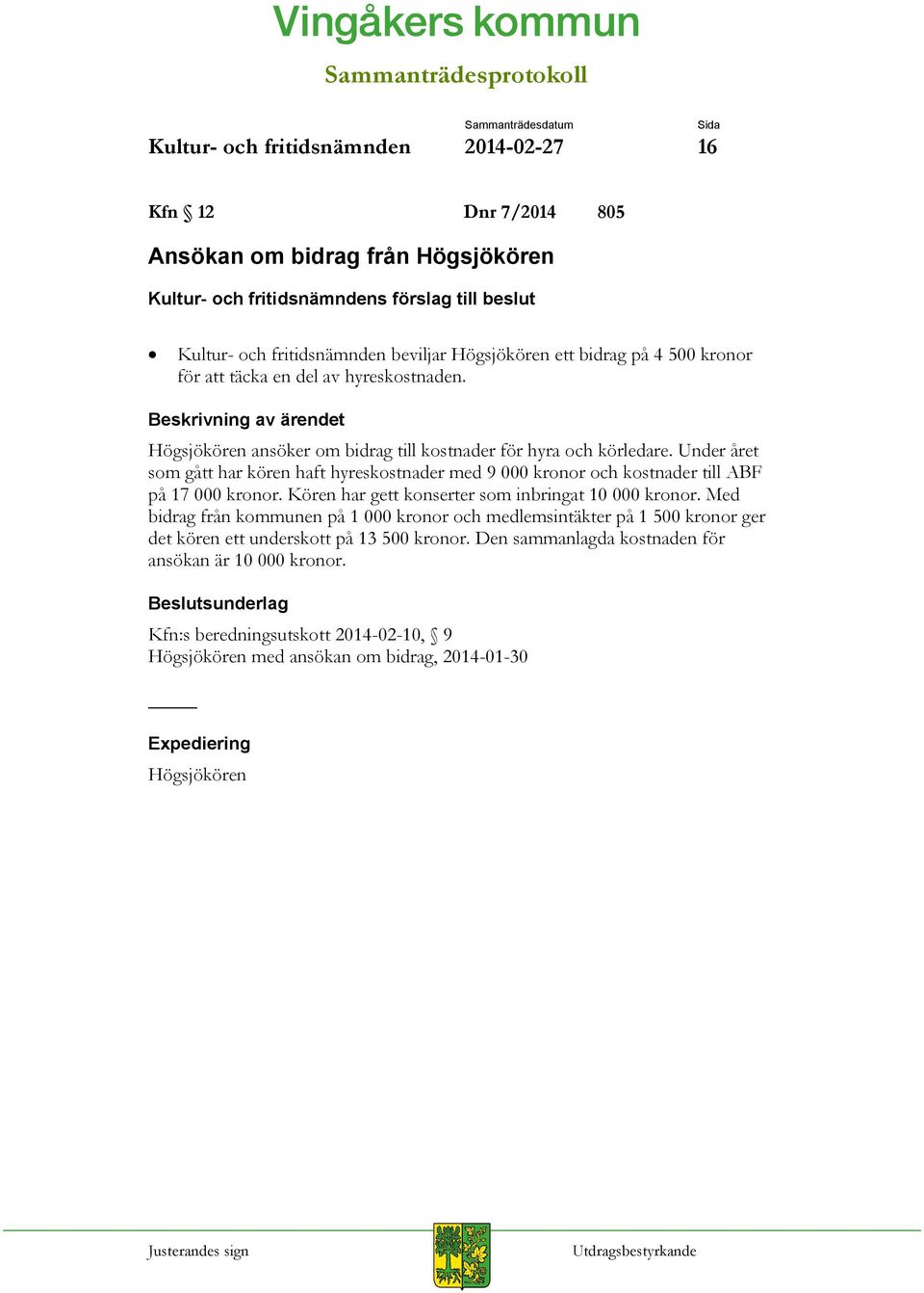Under året som gått har kören haft hyreskostnader med 9 000 kronor och kostnader till ABF på 17 000 kronor. Kören har gett konserter som inbringat 10 000 kronor.