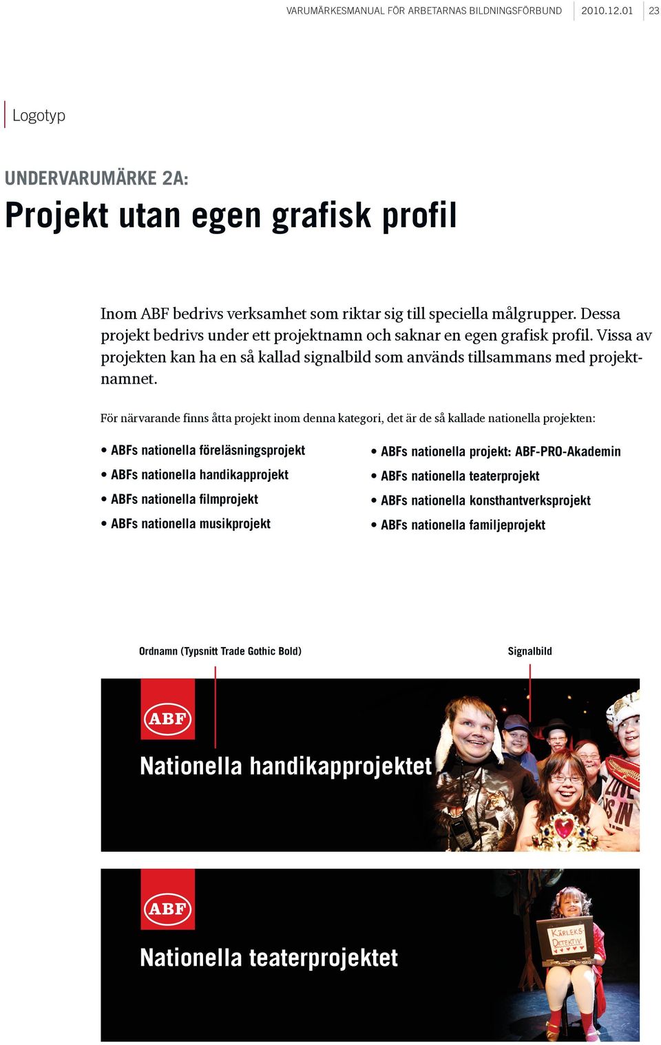 För närvarande finns åtta projekt inom denna kategori, det är de så kallade nationella projekten: ABFs nationella föreläsningsprojekt ABFs nationella handikapprojekt ABFs nationella filmprojekt ABFs