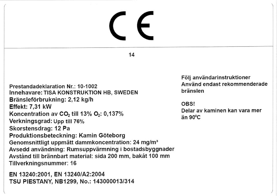 Upp till 76% Skorstenscirag: 12 Pa Produktionsbeteckning: Kamin Göteborg Genomsnittligt uppmatt dammkoncentration 24 mg/m3 Avsedd anvandning