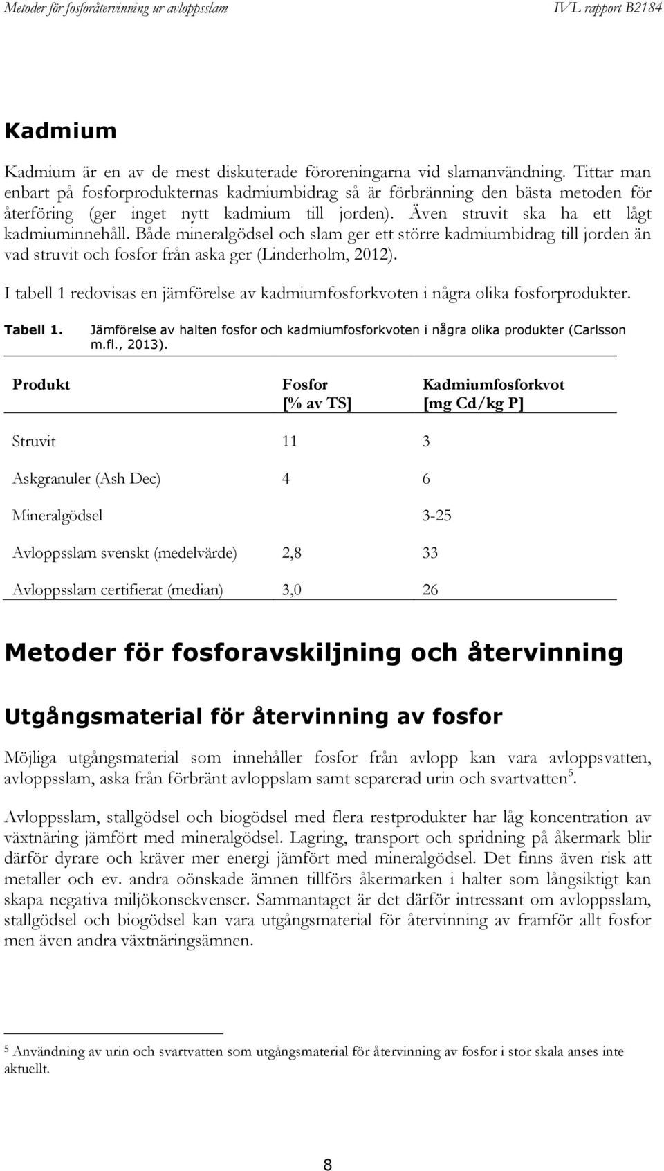 Både mineralgödsel och slam ger ett större kadmiumbidrag till jorden än vad struvit och fosfor från aska ger (Linderholm, 2012).