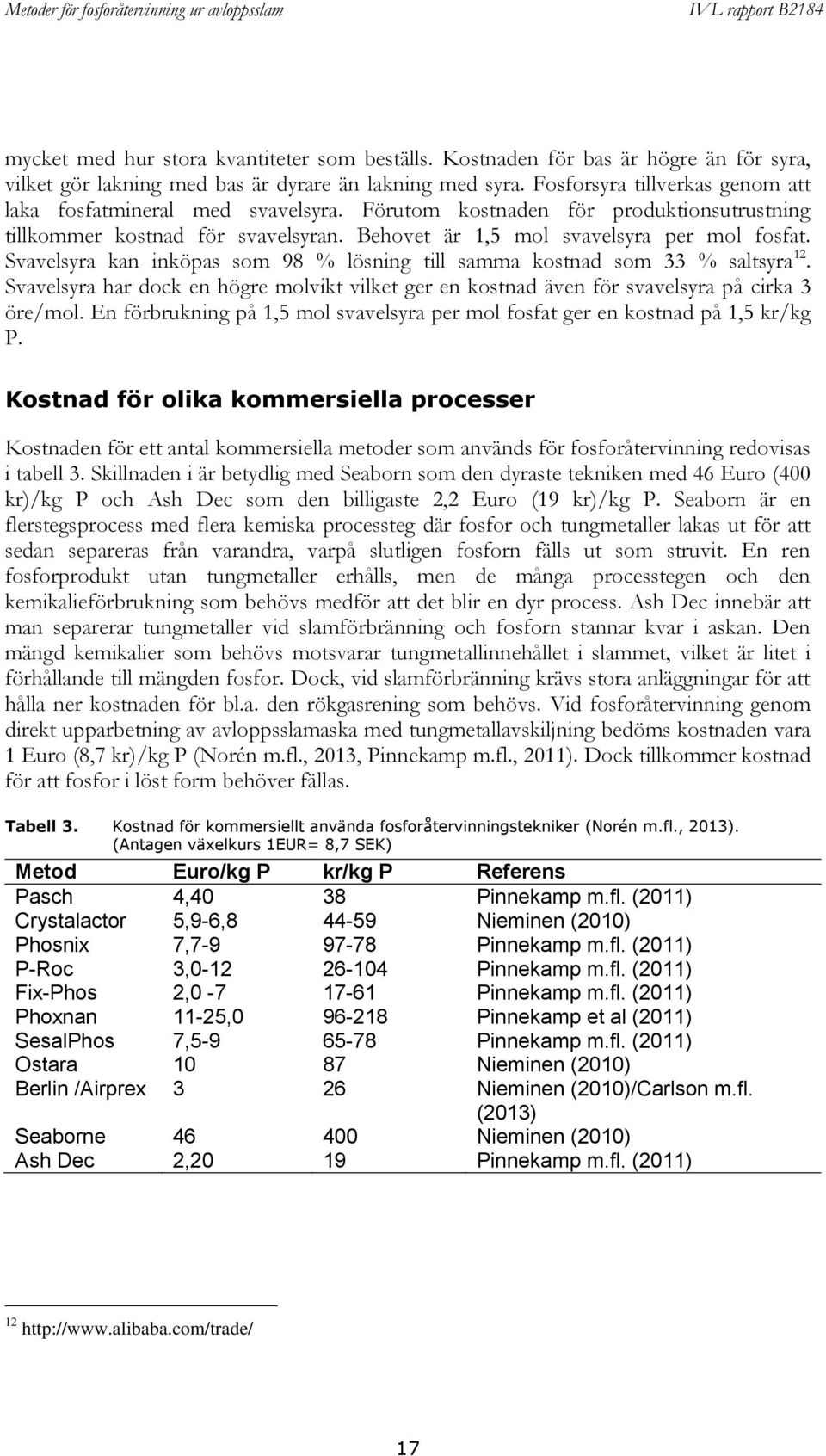 Svavelsyra kan inköpas som 98 % lösning till samma kostnad som 33 % saltsyra 12. Svavelsyra har dock en högre molvikt vilket ger en kostnad även för svavelsyra på cirka 3 öre/mol.