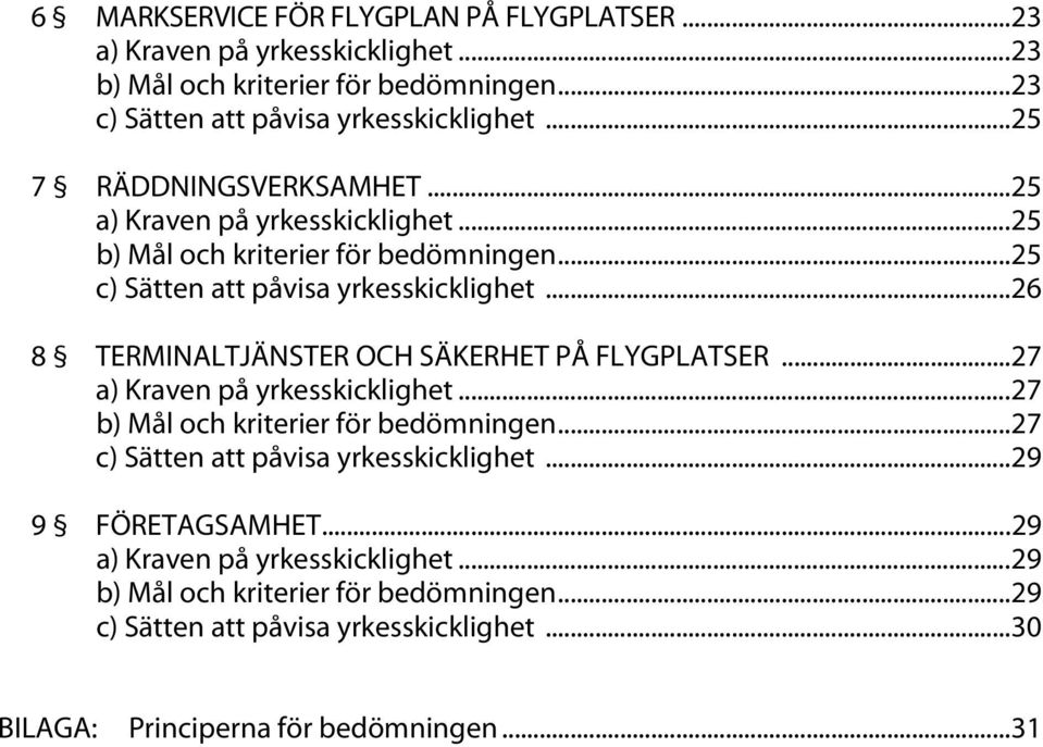 .. 26 8 TERMINALTJÄNSTER OCH SÄKERHET PÅ FLYGPLATSER... 27 a) Kraven på yrkesskicklighet... 27 b) Mål och kriterier för bedömningen.