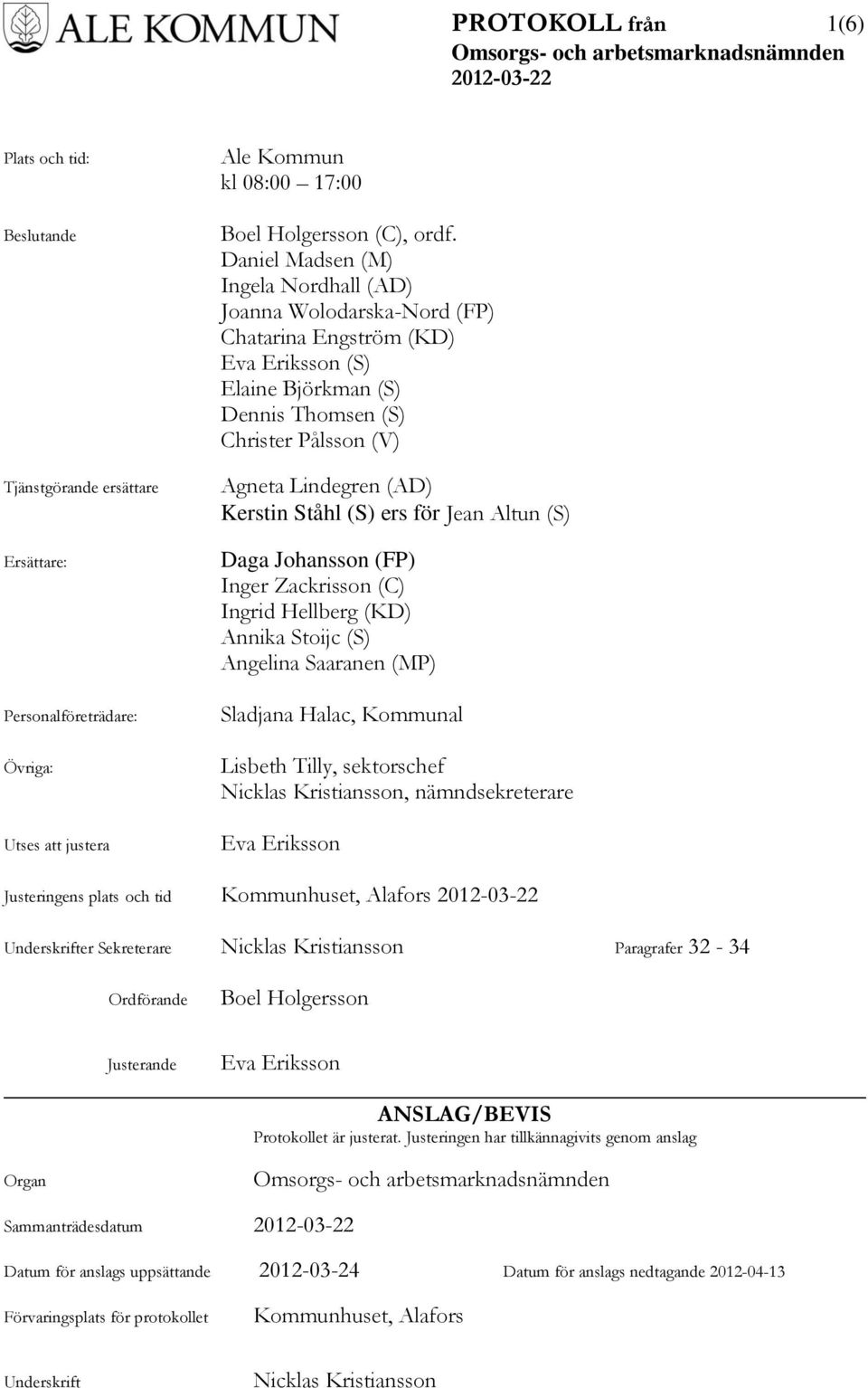 Ståhl (S) ers för Jean Altun (S) Daga Johansson (FP) Inger Zackrisson (C) Ingrid Hellberg (KD) Annika Stoijc (S) Angelina Saaranen (MP) Sladjana Halac, Kommunal Lisbeth Tilly, sektorschef Nicklas