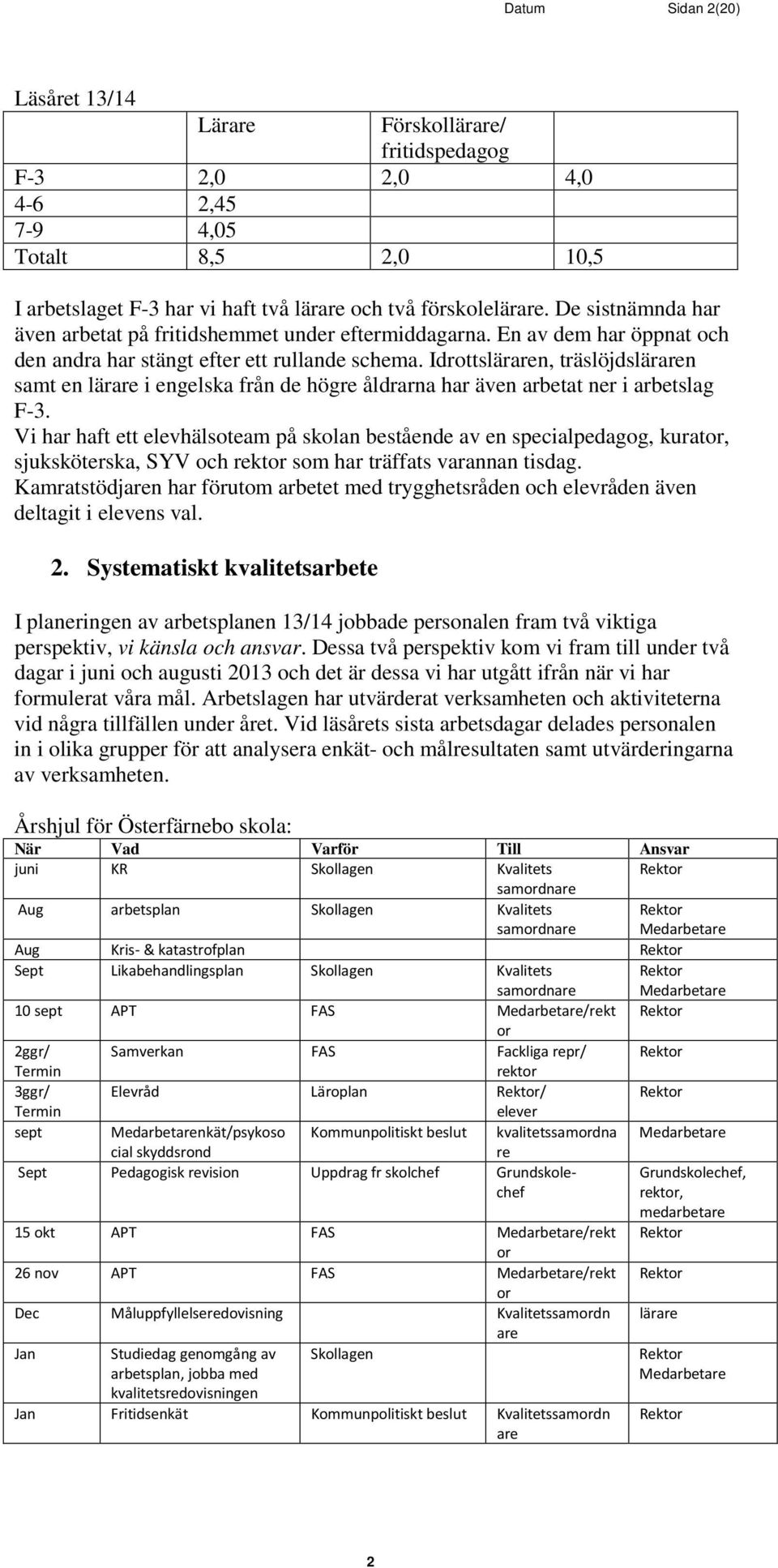 Idrottsläraren, träslöjdsläraren samt en lärare i engelska från de högre åldrarna har även arbetat ner i arbetslag F-3.