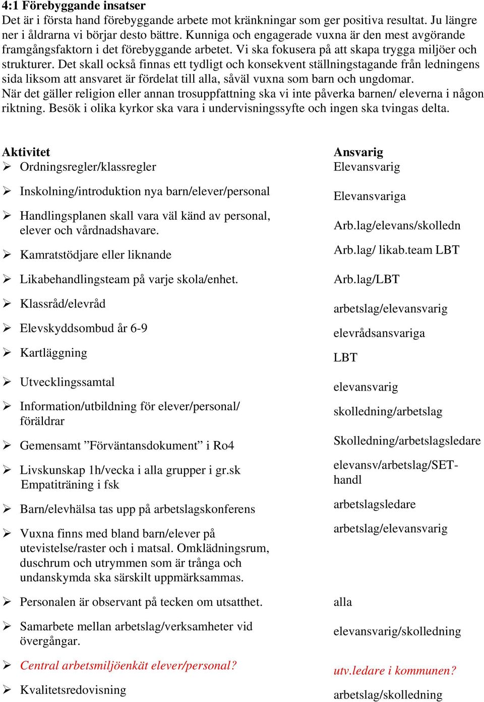 Det skall också finnas ett tydligt och konsekvent ställningstagande från ledningens sida liksom att ansvaret är fördelat till alla, såväl vuxna som barn och ungdomar.
