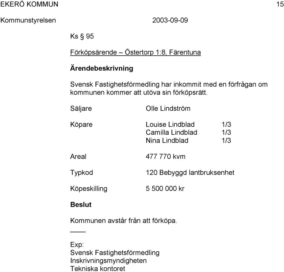 Säljare Olle Lindström Köpare Louise Lindblad 1/3 Camilla Lindblad 1/3 Nina Lindblad 1/3 Areal Typkod