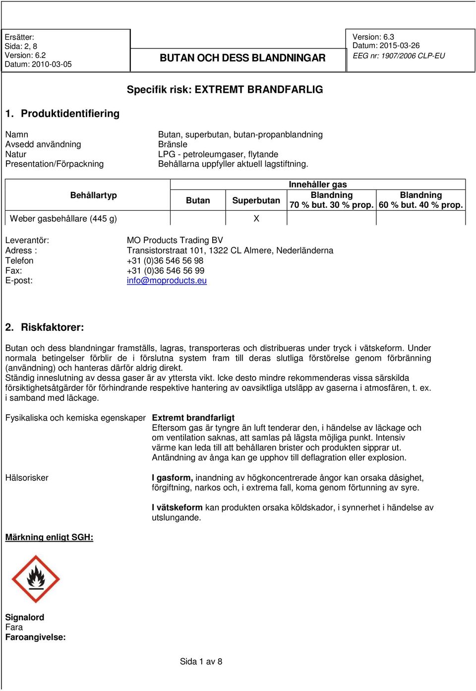 Leverantör: MO Products Trading BV Adress : Transistorstraat 101, 1322 CL Almere, Nederländerna Telefon +31 (0)36 546 56 98 Fax: +31 (0)36 546 56 99 E-post: info@moproducts.eu 2.
