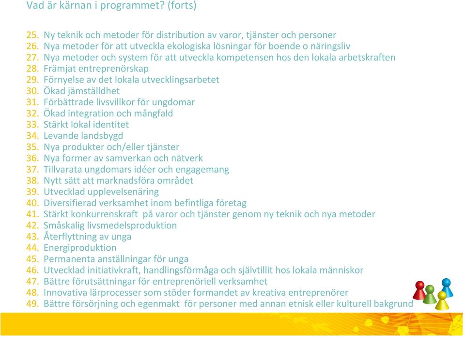 Förbättrade livsvillkor för ungdomar 32. Ökad integration och mångfald 33. Stärkt lokal identitet 34. Levande landsbygd 35. Nya produkter och/eller tjänster 36. Nya former av samverkan och nätverk 37.