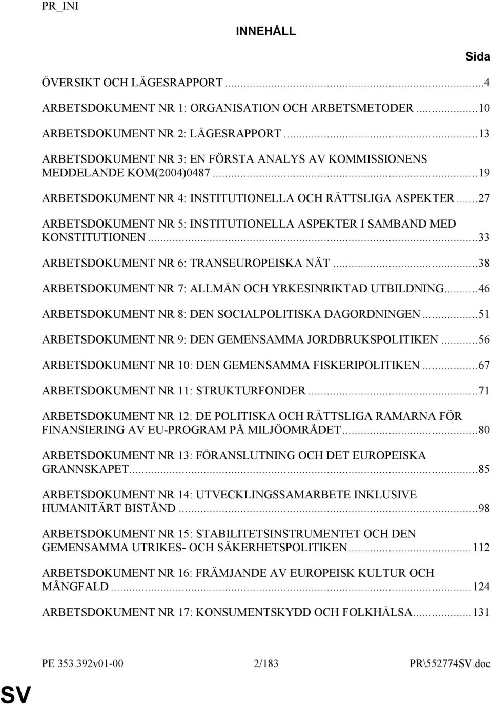 ..27 ARBETSDOKUMENT NR 5: INSTITUTIONELLA ASPEKTER I SAMBAND MED KONSTITUTIONEN...33 ARBETSDOKUMENT NR 6: TRANSEUROPEISKA NÄT...38 ARBETSDOKUMENT NR 7: ALLMÄN OCH YRKESINRIKTAD UTBILDNING.