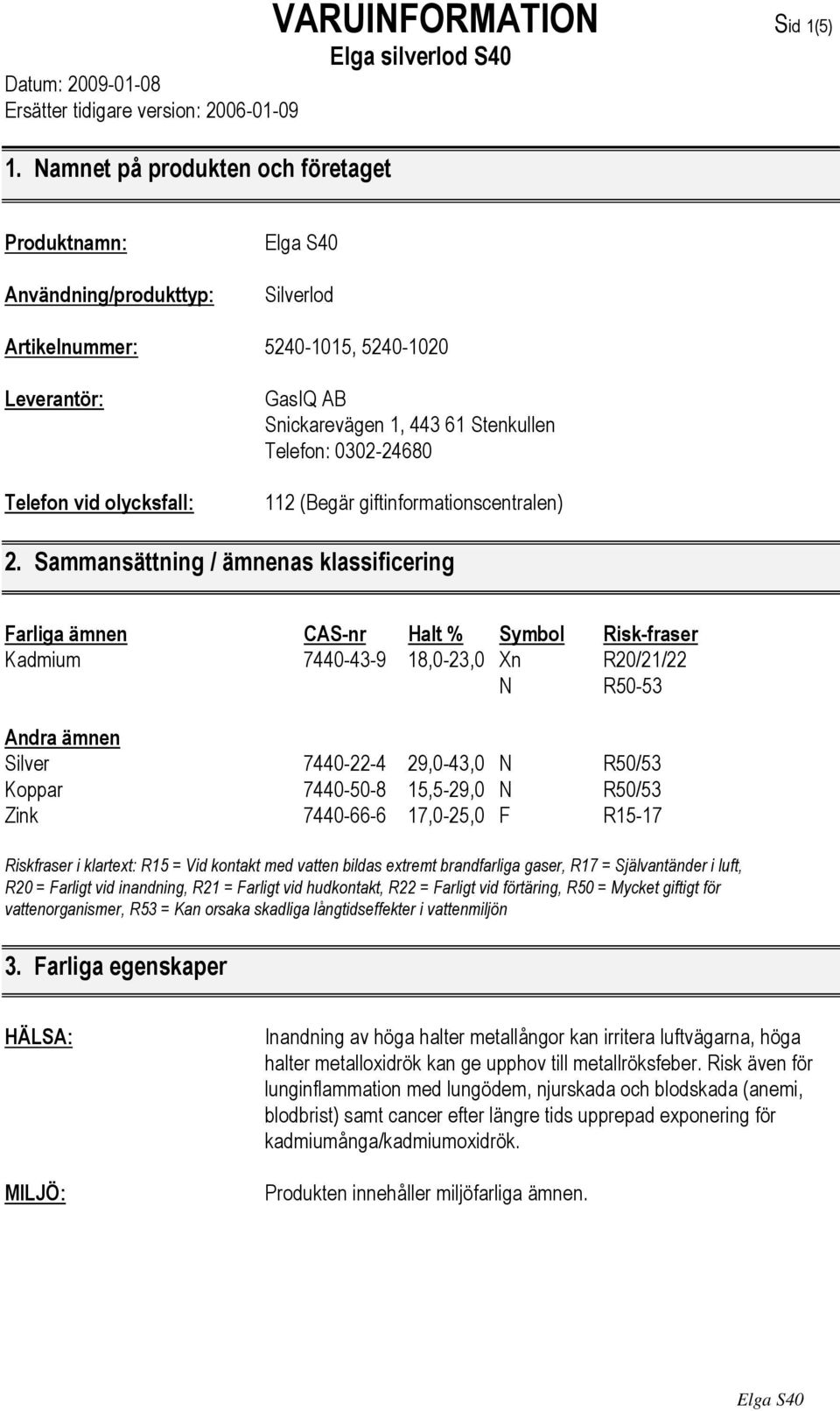 Sammansättning / ämnenas klassificering Farliga ämnen CAS-nr Halt % Symbol Risk-fraser Kadmium 7440-43-9 18,0-23,0 Xn R20/21/22 N R50-53 Andra ämnen Silver 7440-22-4 29,0-43,0 N R50/53 Koppar