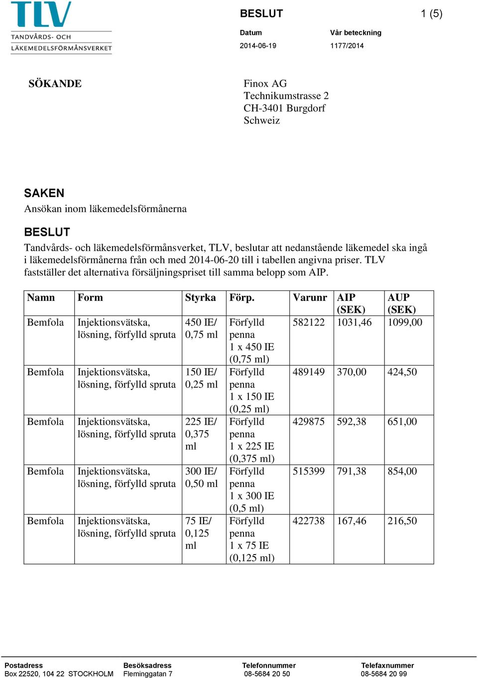 TLV fastställer det alternativa försäljningspriset till samma belopp som AIP. Namn Form Styrka Förp.