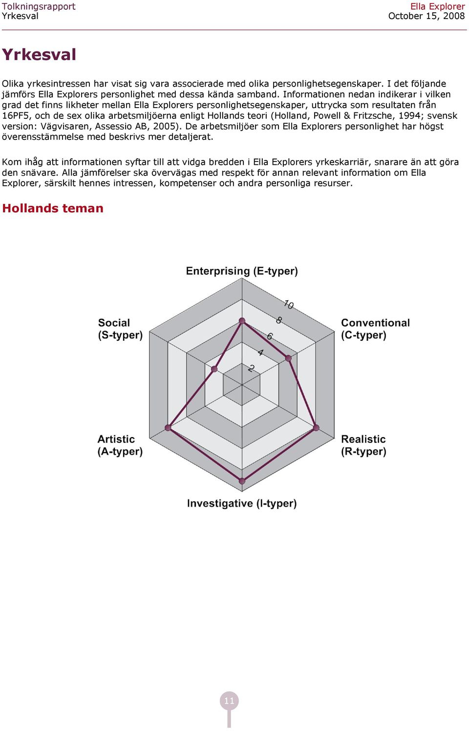 Informtionen nedn indikerr i vilken grd det finns likheter melln Ell Explorers personlighetsegenskper, uttryk som resultten från 1PF, oh de sex olik retsmiljöern enligt Hollnds teori (Hollnd, Powell