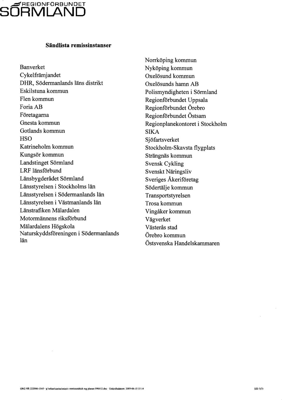 Länstrafiken Mälardalen Motormännens riksfårbund Mälardalens Högskola Naturskyddsfåreningen i Södermanlands län Norrköping kommun Nyköping kommun Oxelösund kommun Oxelösunds hamn AB Polismyndigheten