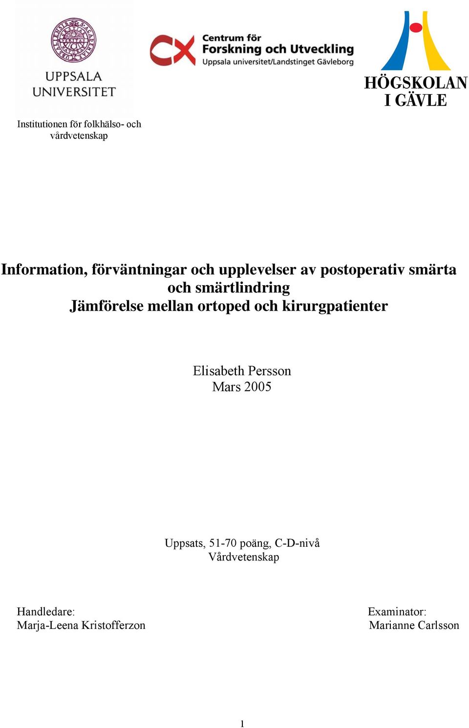 och kirurgpatienter Elisabeth Persson Mars 2005 Uppsats, 51-70 poäng, C-D-nivå