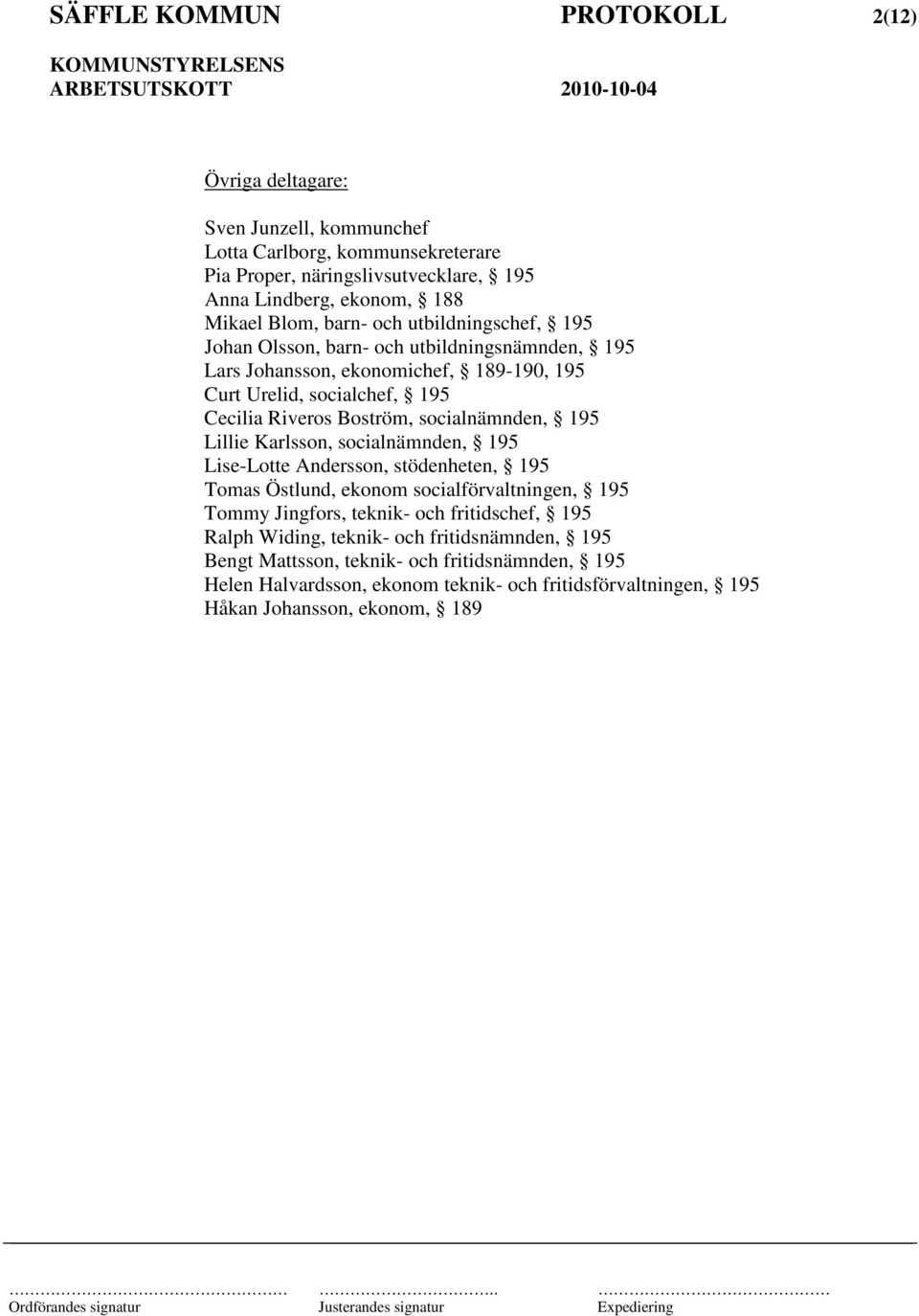 socialnämnden, 195 Lillie Karlsson, socialnämnden, 195 Lise-Lotte Andersson, stödenheten, 195 Tomas Östlund, ekonom socialförvaltningen, 195 Tommy Jingfors, teknik- och fritidschef,