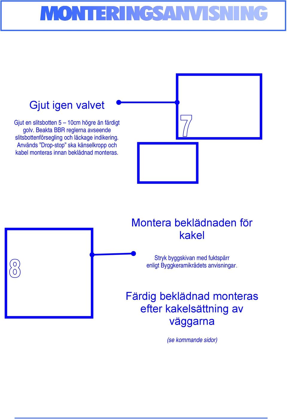 Används Drop-stop ska känselkropp och kabel monteras innan beklädnad monteras.