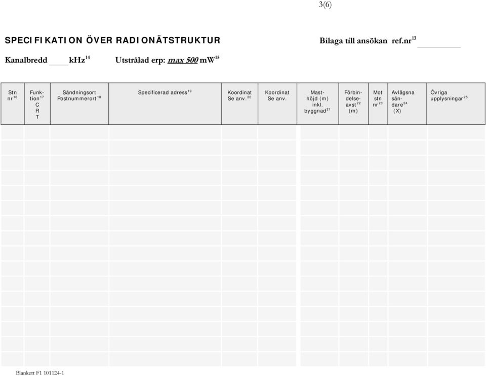 Sändningsort Postnummerort 18 Specificerad adress 19 Koordinat Se anv.