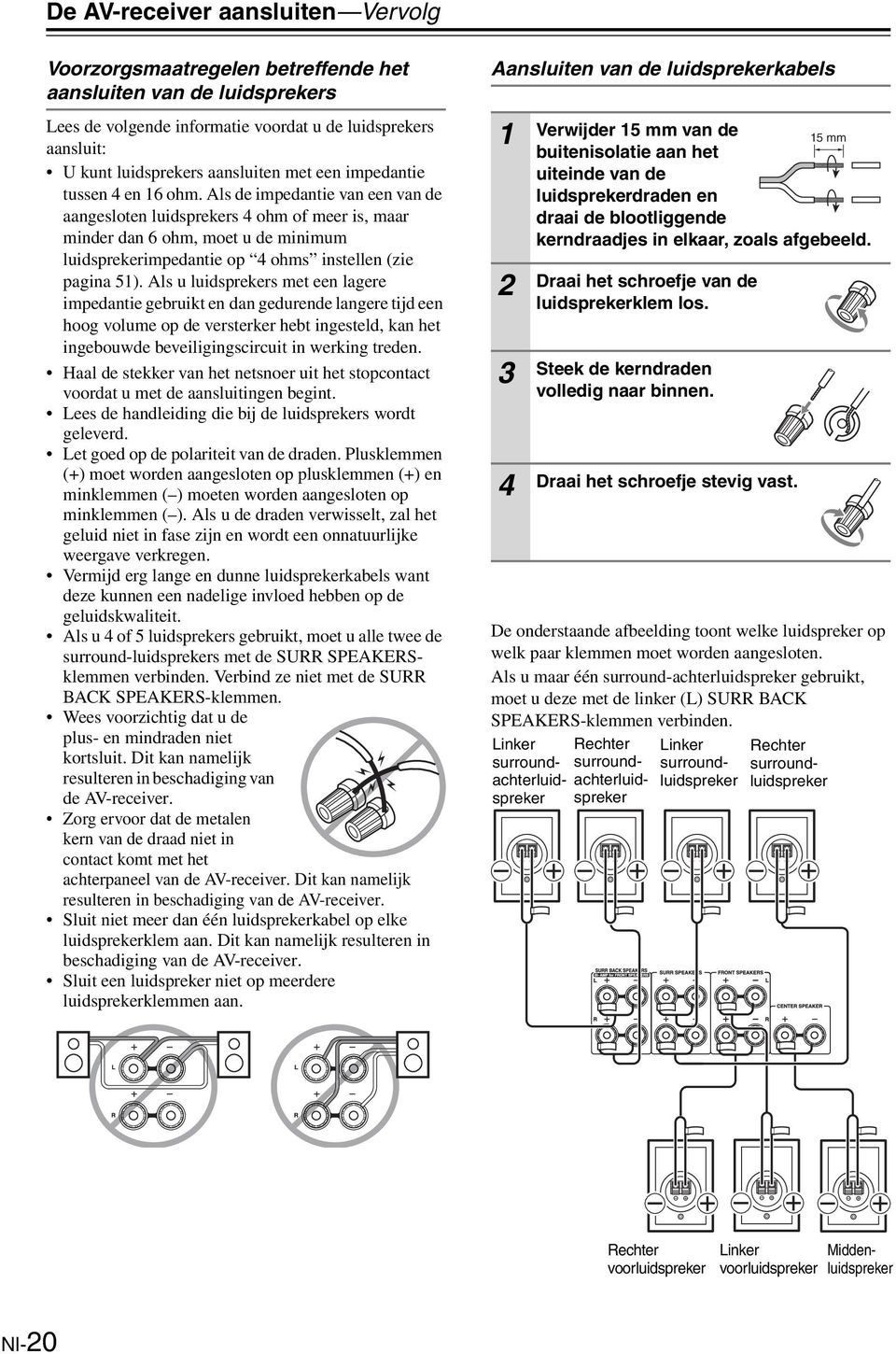 Als de impedantie van een van de aangesloten luidsprekers 4 ohm of meer is, maar minder dan 6 ohm, moet u de minimum luidsprekerimpedantie op 4 ohms instellen (zie pagina 5).