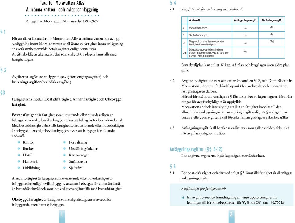 avloppsanläggning inom Mora kommun skall ägare av fasighe inom anläggningens verksamhesområde beala avgifer enlig denna axa.