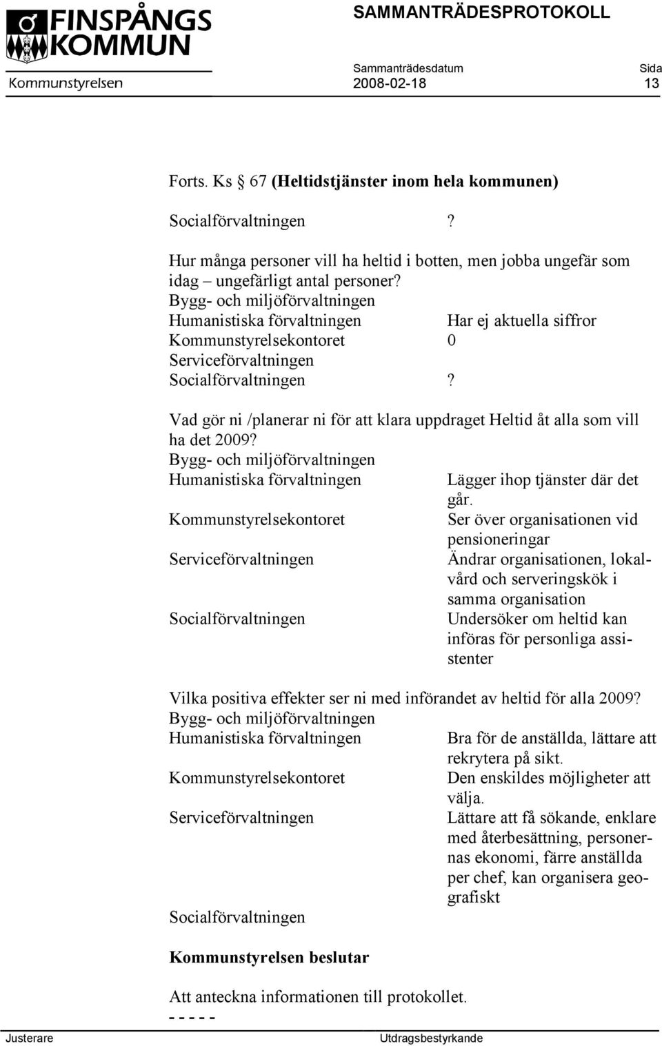 Vad gör ni /planerar ni för att klara uppdraget Heltid åt alla som vill ha det 2009? Bygg- och miljöförvaltningen Humanistiska förvaltningen Lägger ihop tjänster där det går.