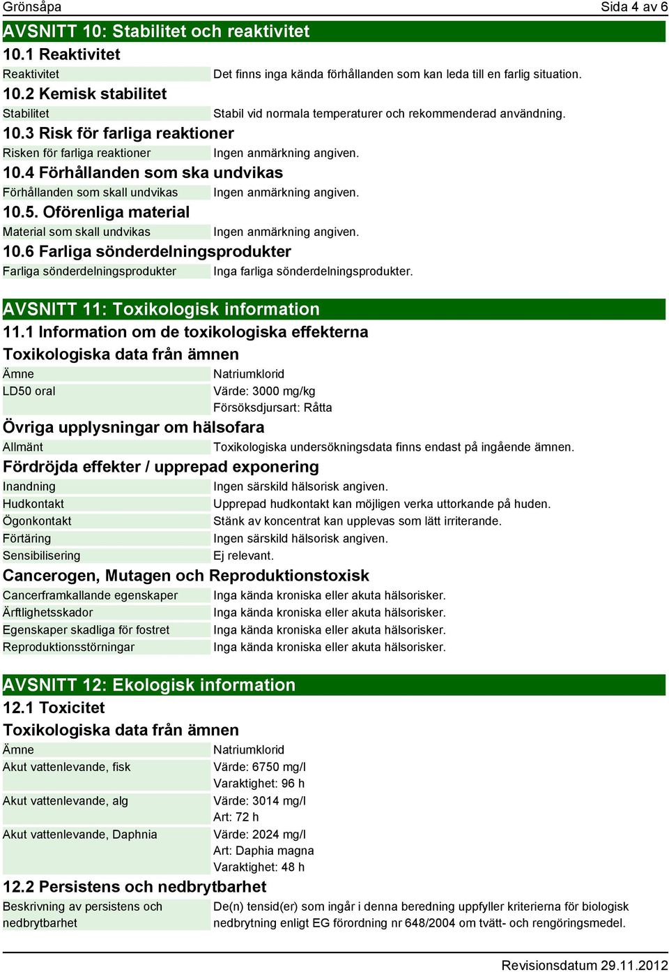 6 Farliga sönderdelningsprodukter Farliga sönderdelningsprodukter Inga farliga sönderdelningsprodukter. AVSNITT 11: Toxikologisk information 11.