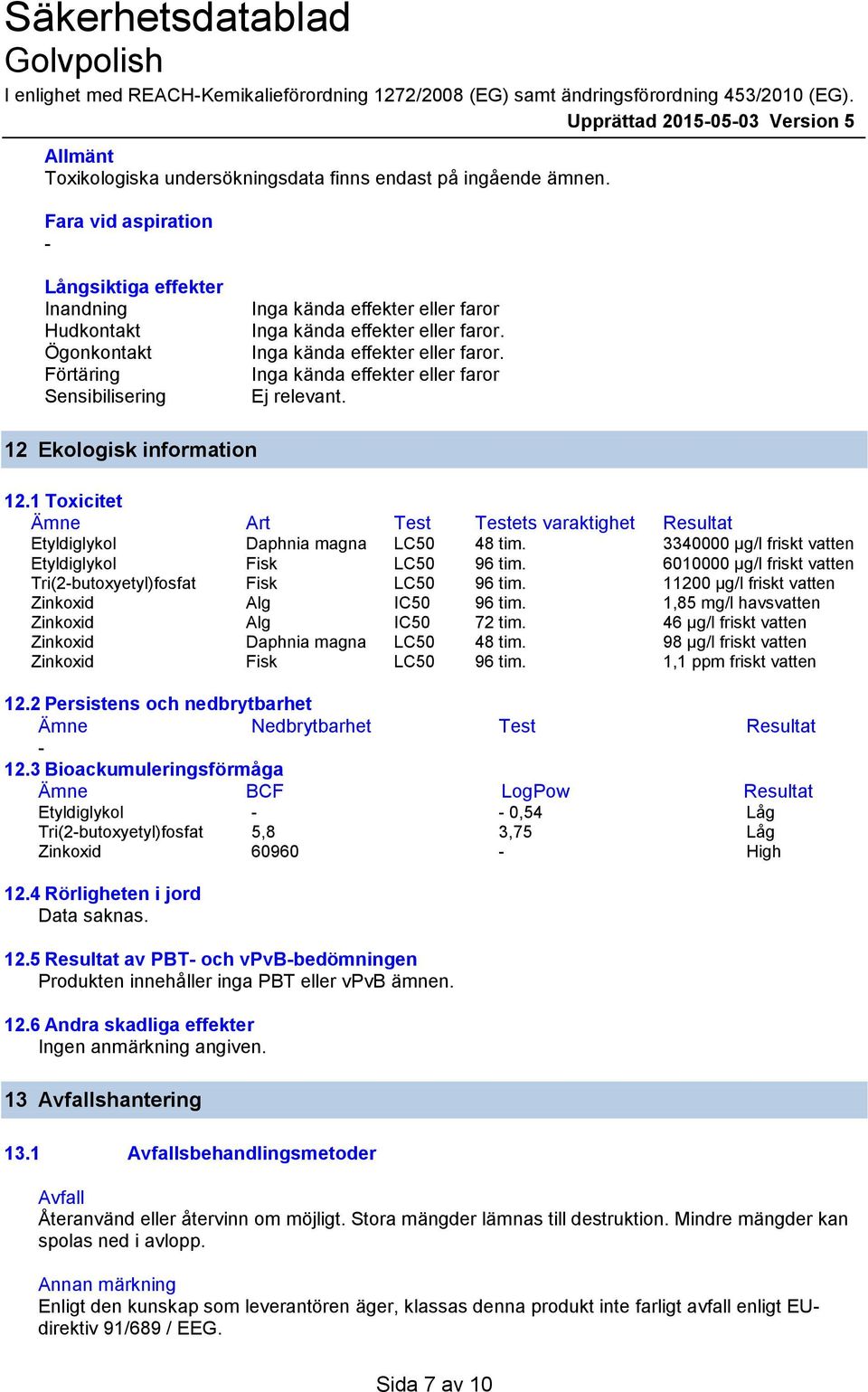 12 Ekologisk information 12.1 Toxicitet Ämne Art Test Testets varaktighet Resultat Etyldiglykol Daphnia magna LC50 48 tim. 3340000 µg/l friskt vatten Etyldiglykol Fisk LC50 96 tim.