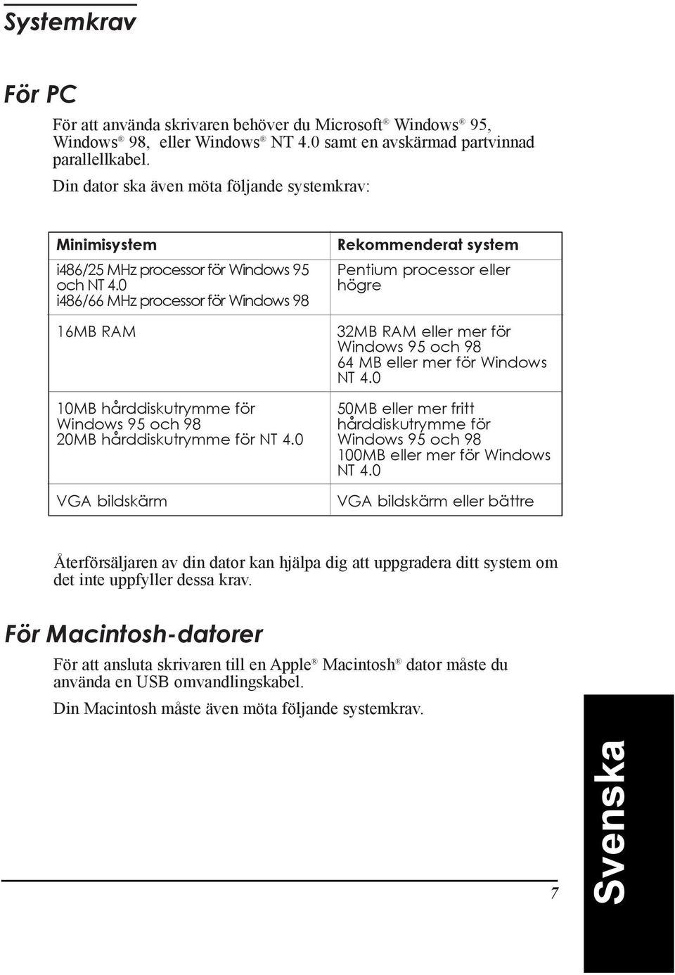 0 i486/66 MHz processor fšr Windows 98 16MB RAM 10MB hœrddiskutrymme fšr Windows 95 och 98 20MB hœrddiskutrymme fšr NT 4.