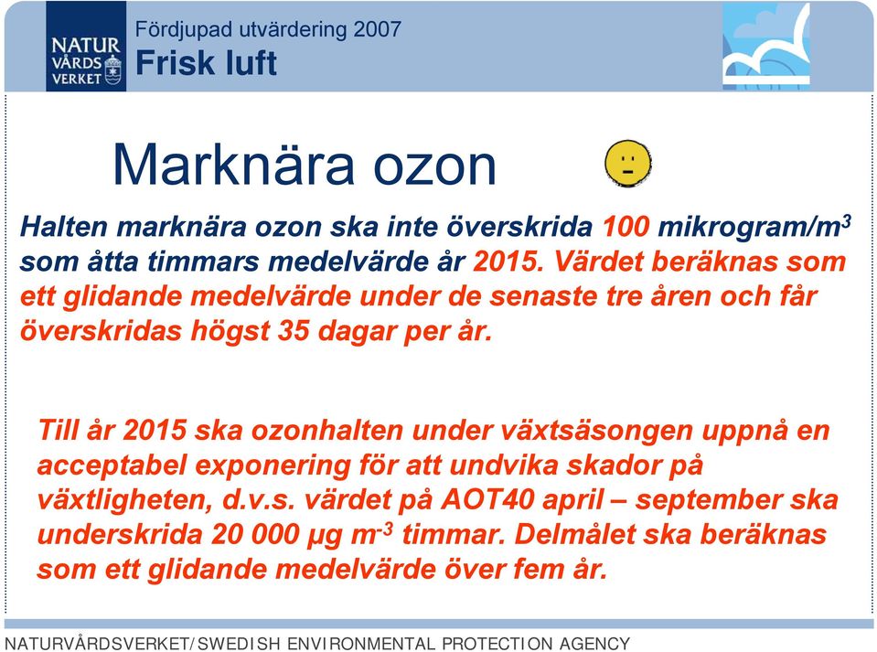 Till år 2015 ska ozonhalten under växtsäsongen uppnå en acceptabel exponering för att undvika skador på växtligheten, d.