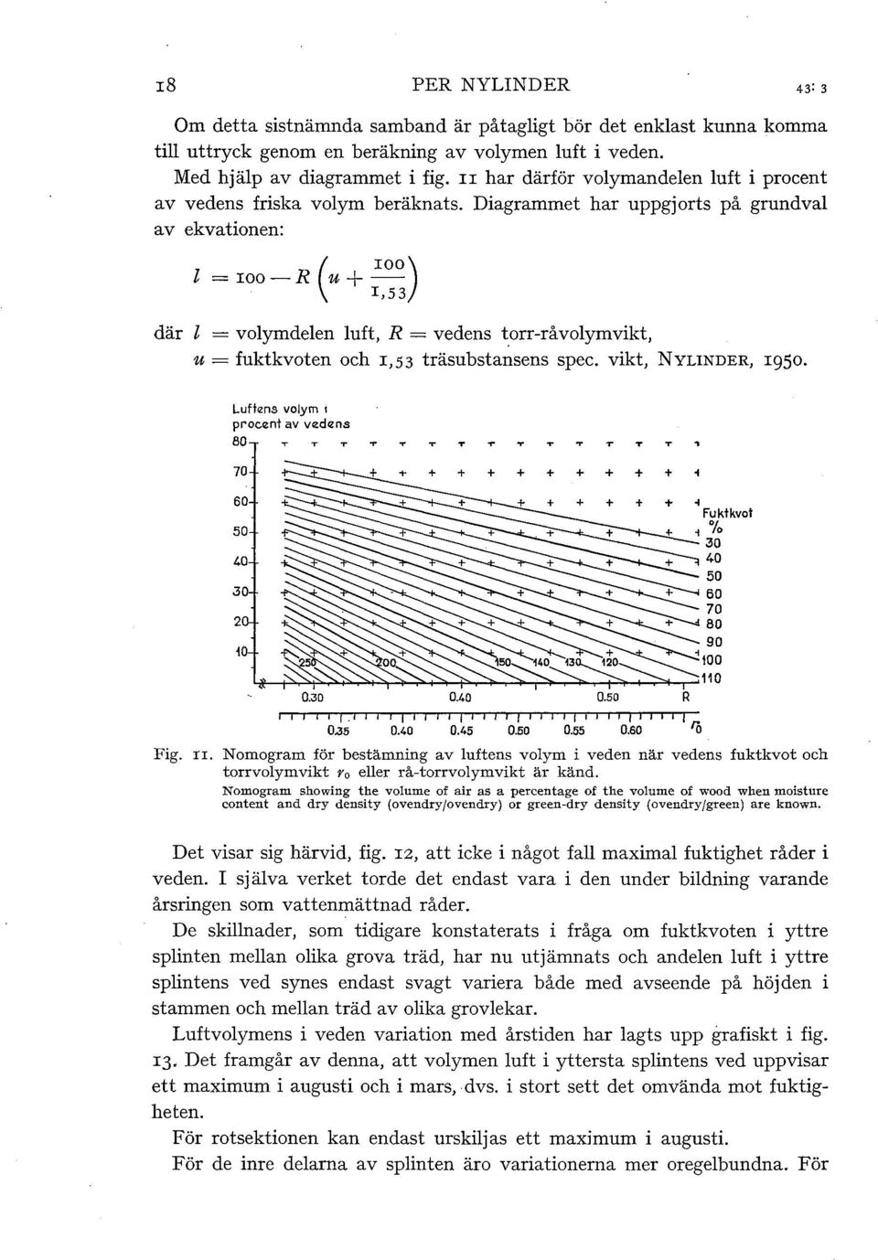 Diagrammet har uppgjorts på grundva av ekvationen: = roo-r (u+ 100 ) 1,53 där = voymdeen uft, R = vedens torr-råvoymvikt, u= fuktkvoten och 1,53 träsubstansens spec. vikt, NYLINDER, 1950.