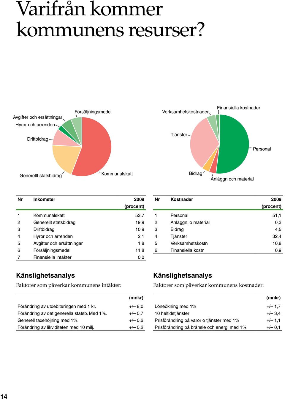 Nr Inkomster 2009 (procent) 1 Kommunalskatt 53,7 2 Generellt statsbidrag 19,9 3 Driftbidrag 10,9 4 Hyror och arrenden 2,1 5 Avgifter och ersättningar 1,8 6 Försäljningsmedel 11,8 7 Finansiella